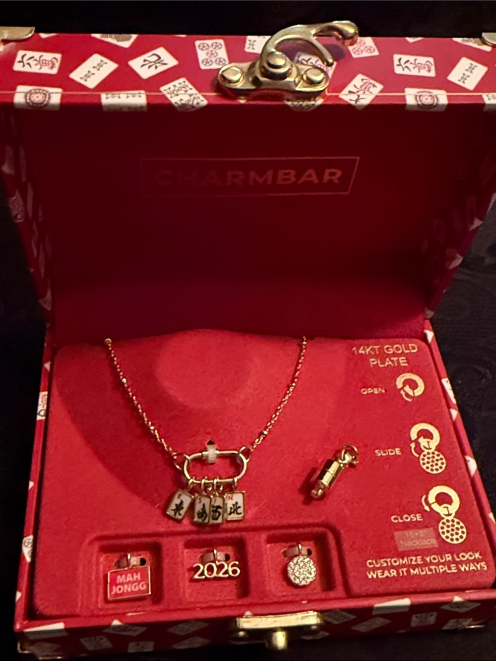 14K Gold Plated Red Mahjong Charm Necklace with Tiles and 2026 Pendant